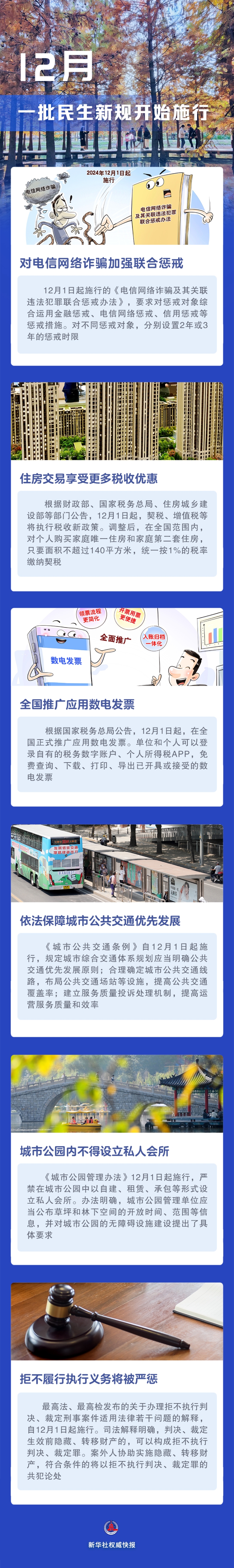 2024年12月，一批民生相关新规开始施行。加强对电信网络诈骗及其关联违法犯罪的联合惩戒，守护你我切身利益；多项房地产税收政策调整……